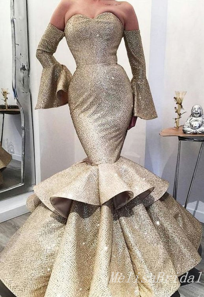 Sparkle Long Sleeves Sweetheart Mermaid Evening Gown Long Evening Party Prom Dresses ,MB837