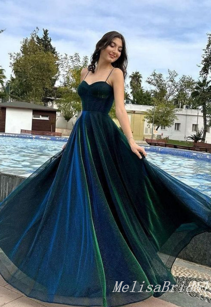 Gorgeous Green Spaghetti Straps A-line Evening Gown Long Evening Party Prom Dresses ,MB839