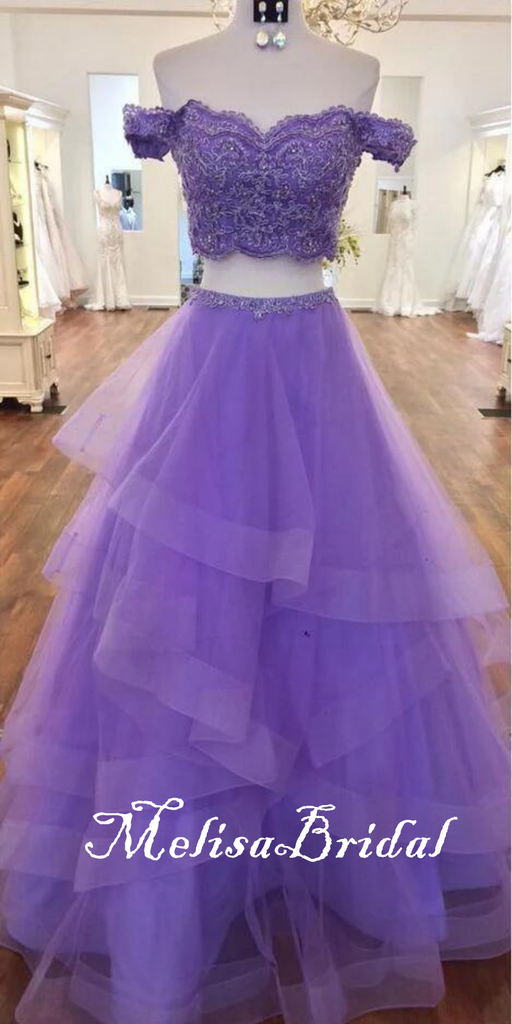 Purple Lace Appliques Off Shoulder Two Pieces A-Line Layer Fluffy Evening Gown Maxi Long Evening Party Prom Dresses,MB661