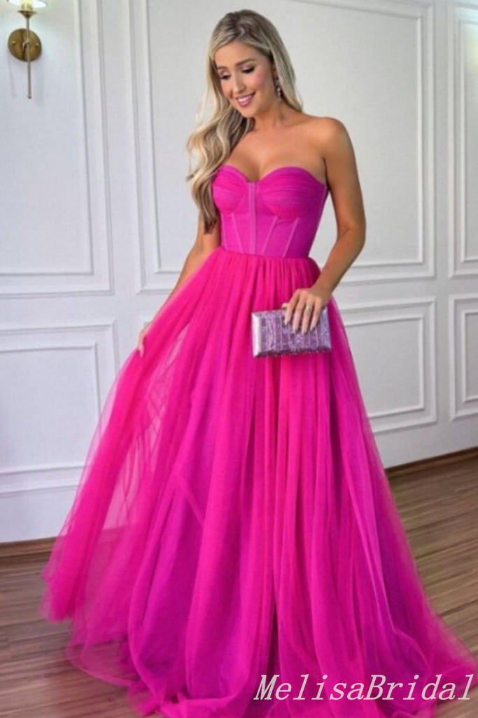 Strapless Hot Pink Sheer Corset Bodice A-line Evening Gown Maxi Long Evening Party Prom Dresses ,MB759
