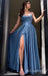 Sparkle Blue Spaghetti Straps A-line Evening Gown Long Evening Party Prom Dresses with Slit ,MB840