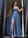 Sparkle Blue Spaghetti Straps A-line Evening Gown Long Evening Party Prom Dresses with Slit ,MB840
