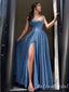 Sparkle Blue Spaghetti Straps A-line Evening Gown Long Evening Party Prom Dresses with Slit ,MB840