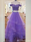 Purple Lace Appliques Off Shoulder Two Pieces A-Line Layer Fluffy Evening Gown Maxi Long Evening Party Prom Dresses,MB661