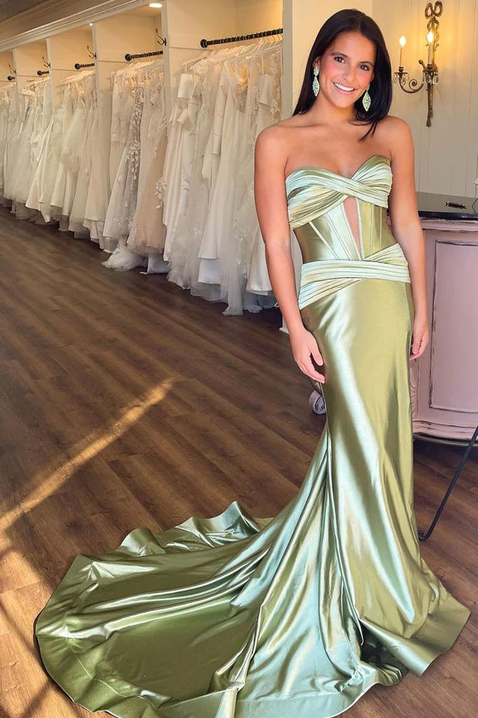 Elegant Unique Green Strapless Pleats Mermaid Long Prom Dresses,MB48