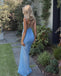 Elegant Blue Illusion Spaghetti Strap Side Slit Pleats Mermaid Long Prom Dresses,MB49
