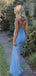 Elegant Blue Illusion Spaghetti Strap Side Slit Pleats Mermaid Long Prom Dresses,MB49
