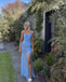 Elegant Blue Illusion Spaghetti Strap Side Slit Pleats Mermaid Long Prom Dresses,MB49
