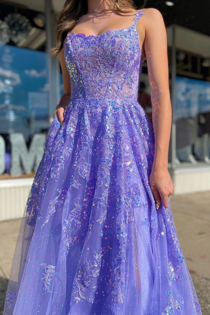 Elegant Purple Side Slit Spaghetti Straps Lace Appliques Mermaid Long Evening Prom Dresses,MB112
