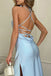 Elegant Light Blue Halter Side Slit Mermaid Long Evening Prom Dresses,MB106