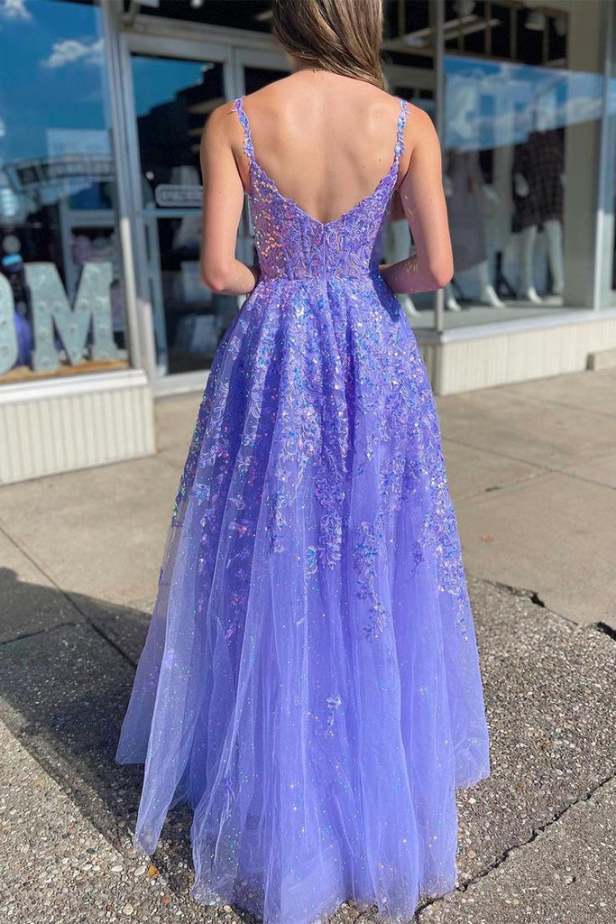 Elegant Purple Side Slit Spaghetti Straps Lace Appliques Mermaid Long Evening Prom Dresses,MB112