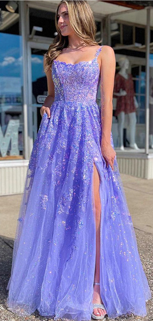 Elegant Purple Side Slit Spaghetti Straps Lace Appliques Mermaid Long Evening Prom Dresses,MB112