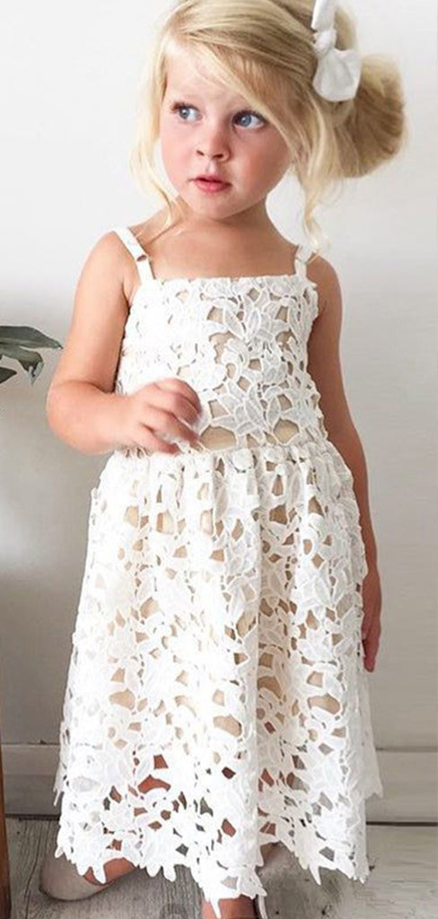 White Spaghetti Straps A- Line Cheap Simple Long Flower Girl Dresses ,FG40