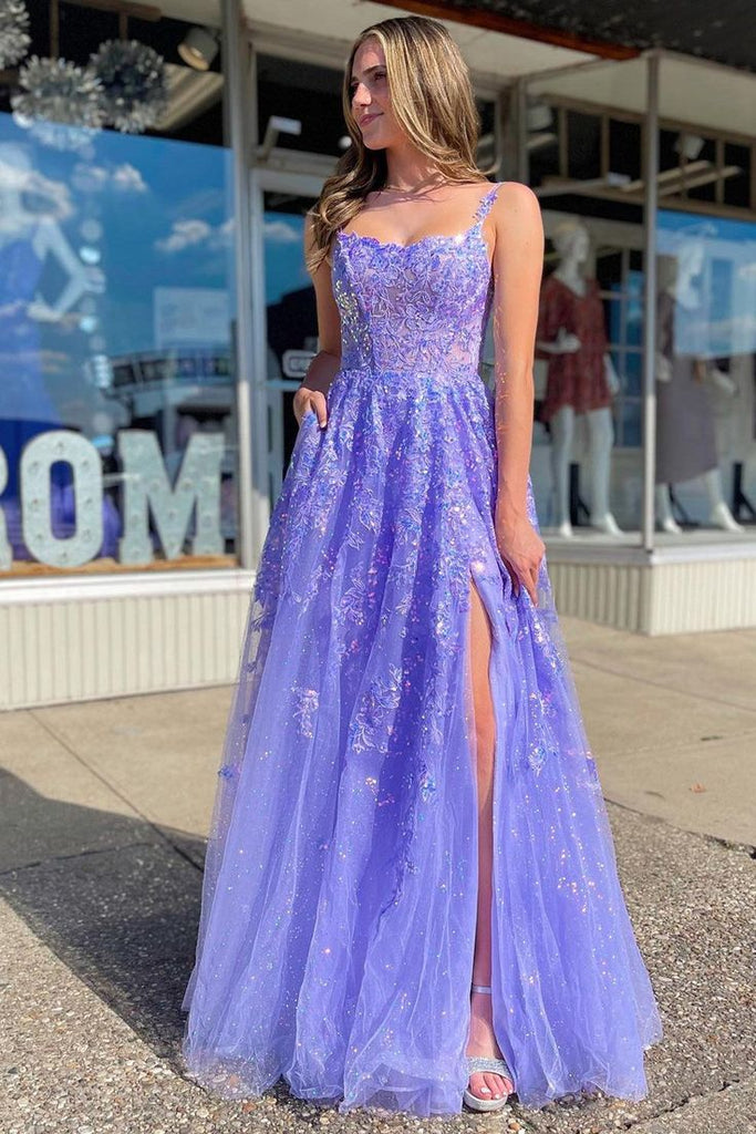 Elegant Purple Side Slit Spaghetti Straps Lace Appliques Mermaid Long Evening Prom Dresses,MB112
