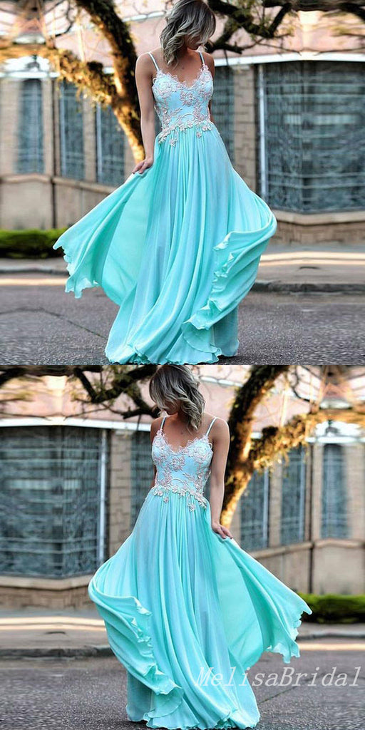 Blue Spaghetti Straps Lace Appliques V Neck A-line Evening Gown Maxi Long Evening Party Prom Dresses,MB809