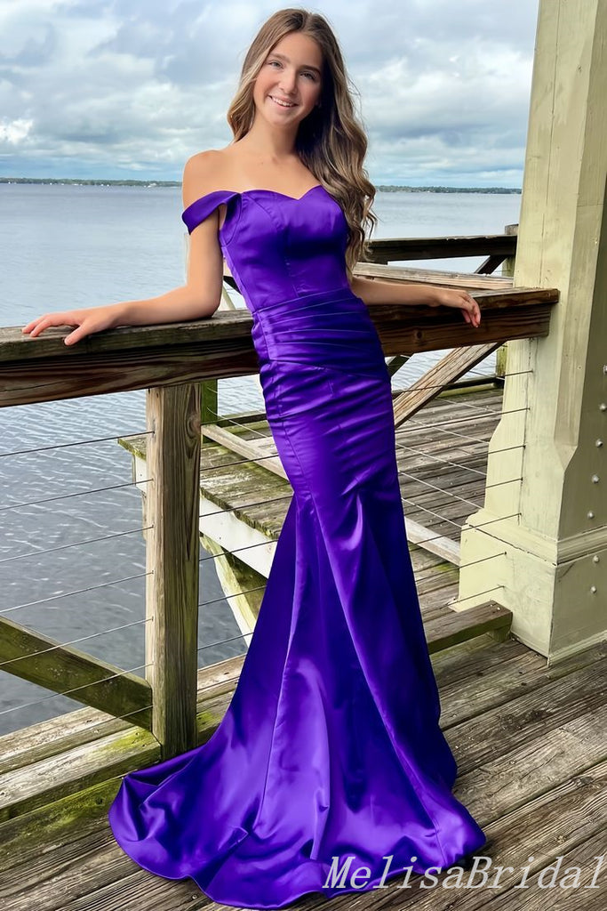 Purple Off Shoulder Sheath Evening Gown Maxi Long Evening Party Prom Dresses with Side Slit,MB737