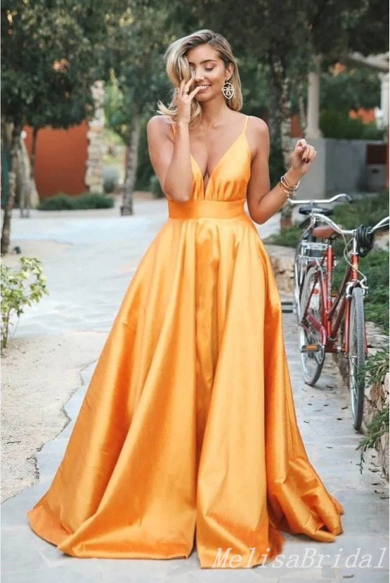 Orange A-Line Plunging Deep V-Neck Spaghetti Straps Evening Gown Maxi Long Evening Party Prom Dresses ,MB604