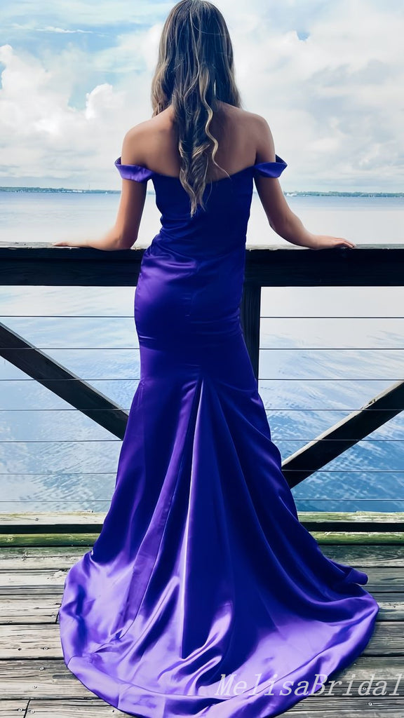 Purple Off Shoulder Sheath Evening Gown Maxi Long Evening Party Prom Dresses with Side Slit,MB737