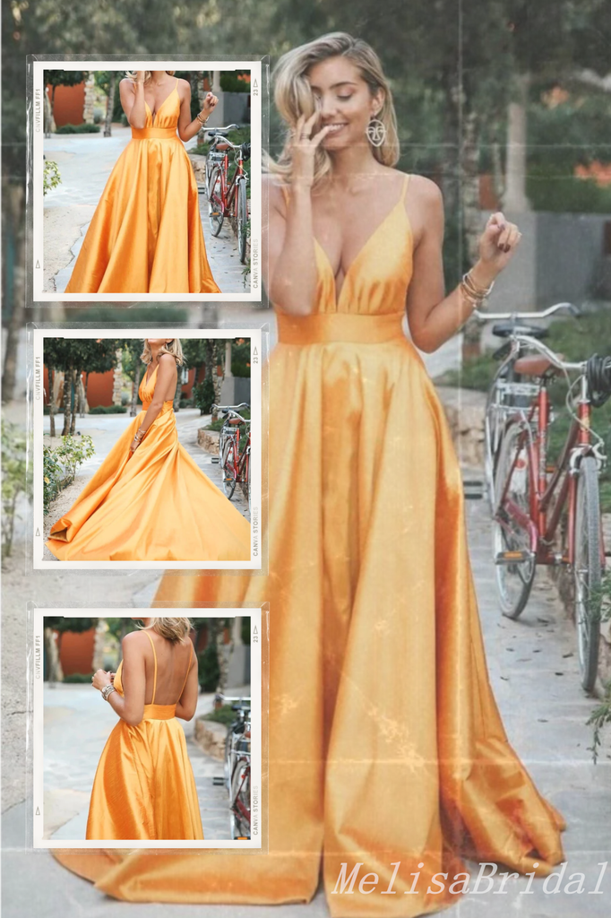 Orange A-Line Plunging Deep V-Neck Spaghetti Straps Evening Gown Maxi Long Evening Party Prom Dresses ,MB604