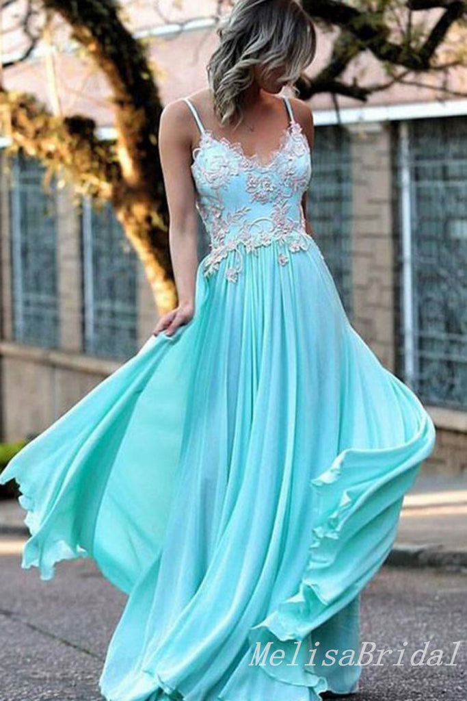 Blue Spaghetti Straps Lace Appliques V Neck A-line Evening Gown Maxi Long Evening Party Prom Dresses,MB809