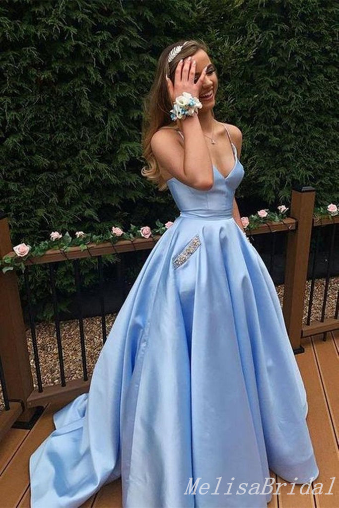 Sky Blue Spaghetti Straps V-Neck Beaded A-Line Evening Gown Maxi Long Evening Party Prom Dresses With Pockets ,MB596