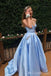Sky Blue Spaghetti Straps V-Neck Beaded A-Line Evening Gown Maxi Long Evening Party Prom Dresses With Pockets ,MB596