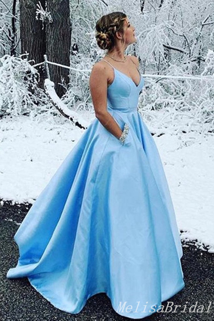 Sky Blue Spaghetti Straps V-Neck Beaded A-Line Evening Gown Maxi Long Evening Party Prom Dresses With Pockets ,MB596