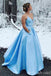 Sky Blue Spaghetti Straps V-Neck Beaded A-Line Evening Gown Maxi Long Evening Party Prom Dresses With Pockets ,MB596