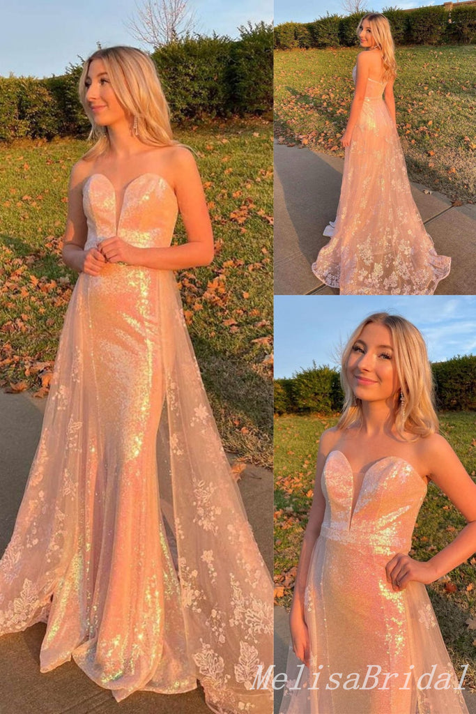 Sparkle Strapless Sweetheart Mermaid Lace Appliques Evening Gown Maxi Long Evening Party Prom Dresses,MB731