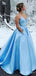 Sky Blue Spaghetti Straps V-Neck Beaded A-Line Evening Gown Maxi Long Evening Party Prom Dresses With Pockets ,MB596