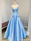 Sky Blue Spaghetti Straps V-Neck Beaded A-Line Evening Gown Maxi Long Evening Party Prom Dresses With Pockets ,MB596