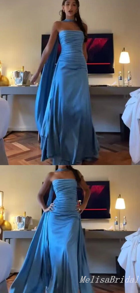 Unique Blue A-Line Strapless Evening Gown Maxi Long Evening Party Prom Dresses ,MB597