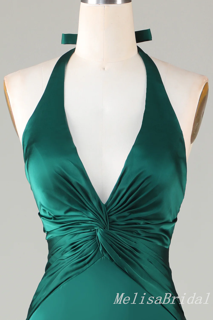 Green Halter Plunging Mermaid Open Back Evening Gown Long Evening Party Prom Dresses,MB848