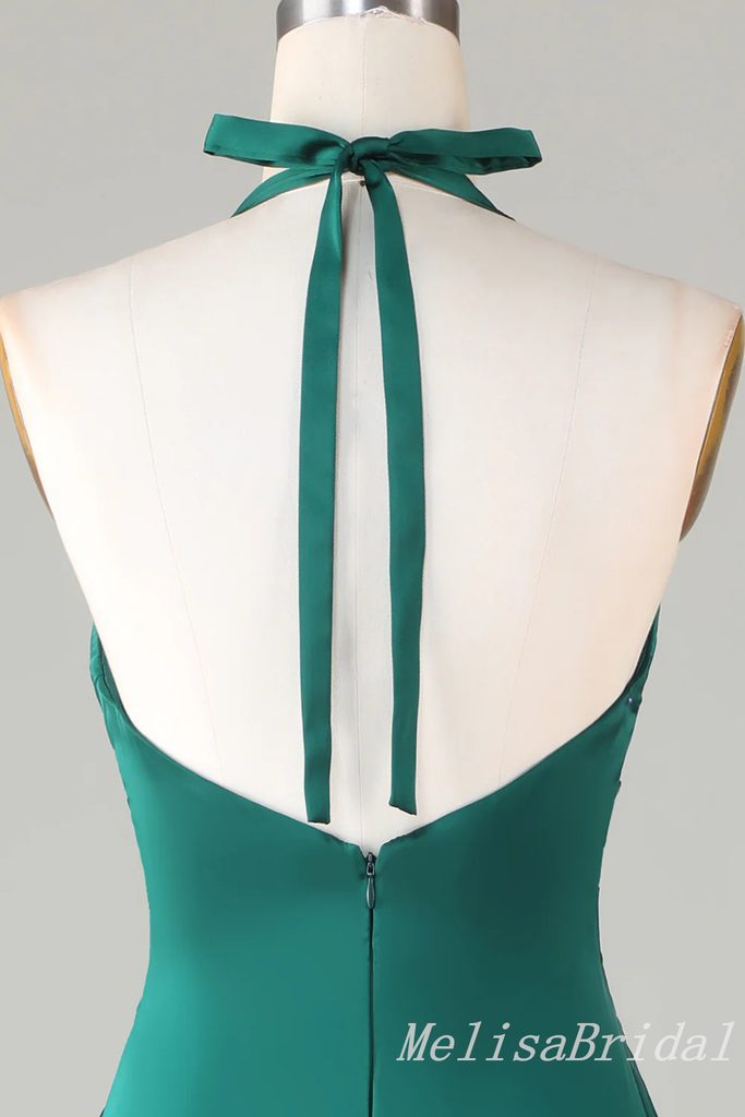Green Halter Plunging Mermaid Open Back Evening Gown Long Evening Party Prom Dresses,MB848