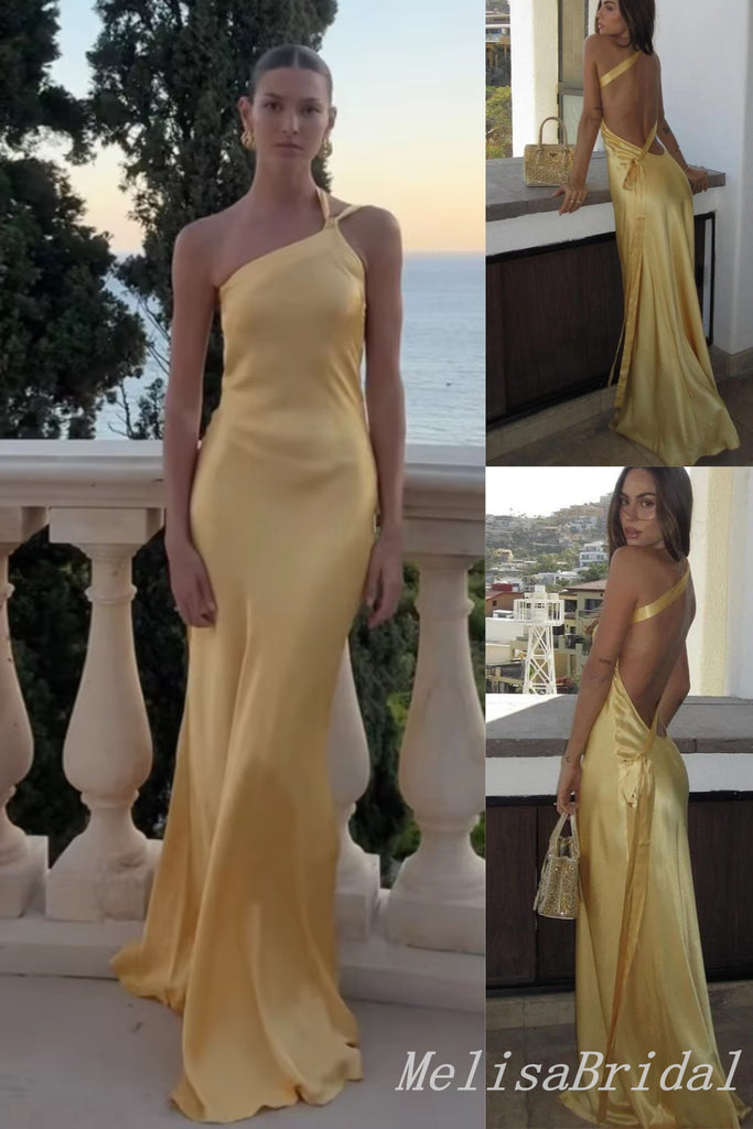 Yellow Sheath One Shoulder Evening Gown Maxi Long Evening Party Prom Dresses ,MB734