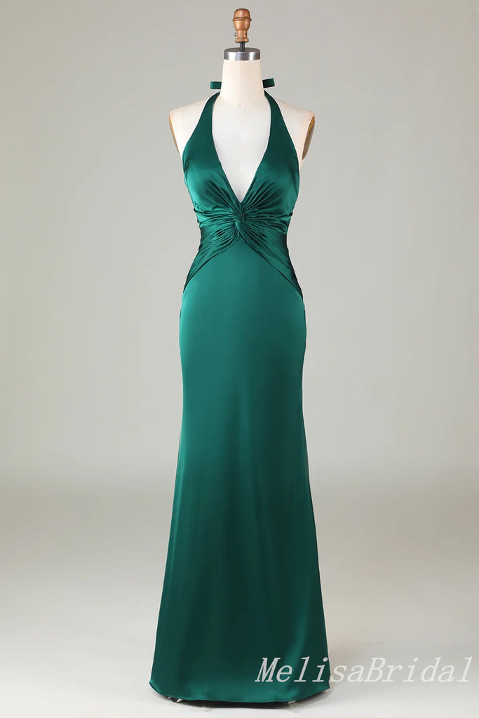 Green Halter Plunging Mermaid Open Back Evening Gown Long Evening Party Prom Dresses,MB848