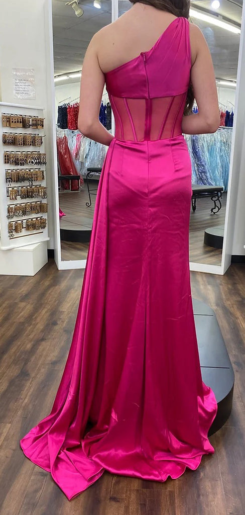 Elegant Rose Pink One Shoulder Side Slit Pleats Mermaid Prom Dresses,MB56