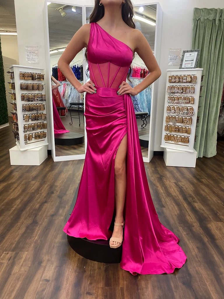 Elegant Rose Pink One Shoulder Side Slit Pleats Mermaid Prom Dresses,MB56