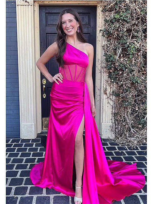 Elegant Rose Pink One Shoulder Side Slit Pleats Mermaid Prom Dresses,MB56
