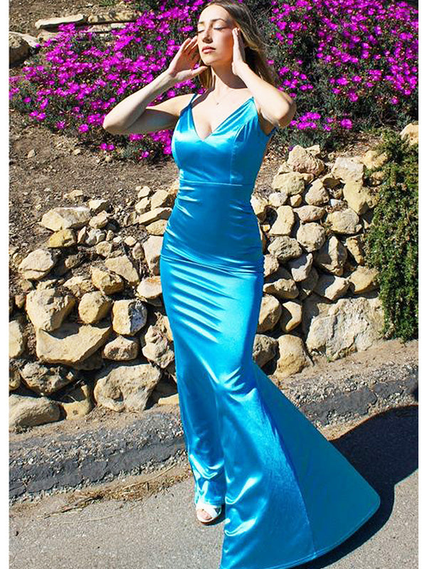 Elegant Blue V Neck Spaghetti Strap Mermaid Evening Long Prom Dresses,MB57