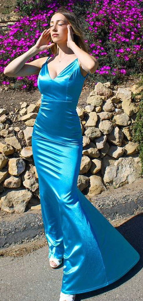 Elegant Blue V Neck Spaghetti Strap Mermaid Evening Long Prom Dresses,MB57