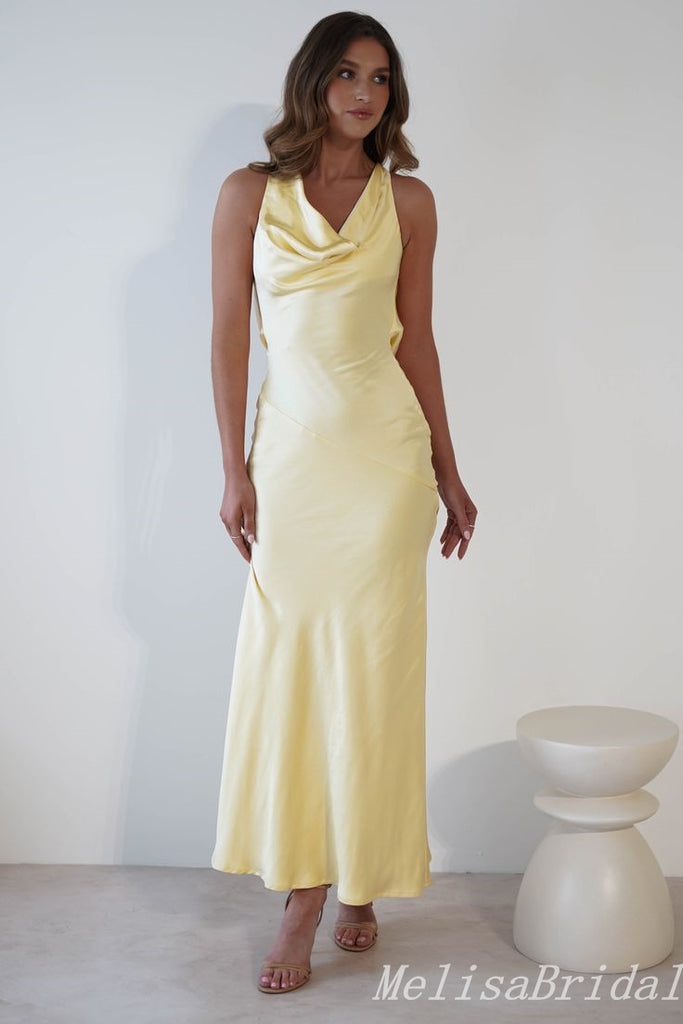 Yellow Halter Sheath Open Back Evening Gown Maxi Long Evening Party Prom Dresses,MB669
