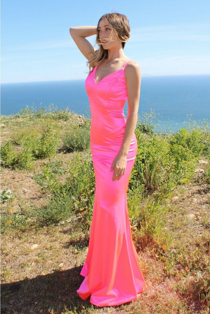 Elegant Candy Pink V Neck Spaghetti Strap Mermaid Evening Long Prom Dresses,MB58