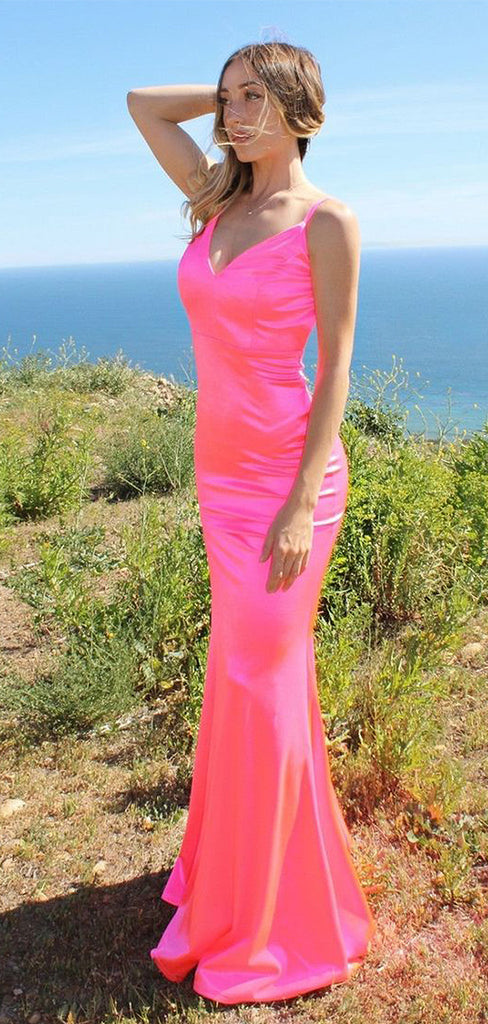 Elegant Candy Pink V Neck Spaghetti Strap Mermaid Evening Long Prom Dresses,MB58