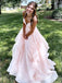 Elegant Light Pink Spaghetti Straps V Neck Ruffle A-Line Sleeveless Cheap Simple Evening Prom Dresses,MB155