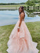Elegant Light Pink Spaghetti Straps V Neck Ruffle A-Line Sleeveless Cheap Simple Evening Prom Dresses,MB155