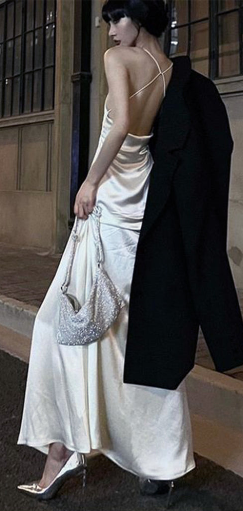 Elegant White Spaghetti Straps A-Line Lace Up Back Long Evening  Prom Dresses,MB06
