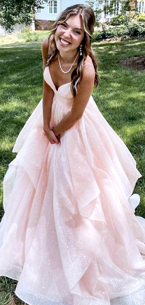 Elegant Light Pink Spaghetti Straps V Neck Ruffle A-Line Sleeveless Cheap Simple Evening Prom Dresses,MB155