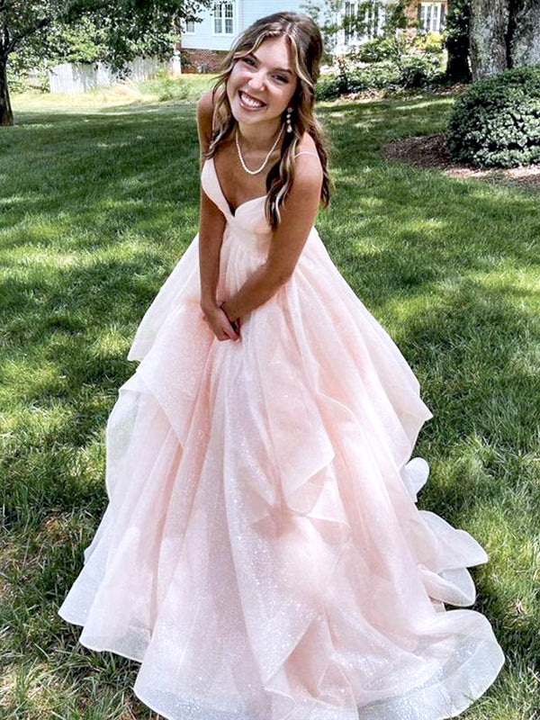 Elegant Light Pink Spaghetti Straps V Neck Ruffle A-Line Sleeveless Cheap Simple Evening Prom Dresses,MB155