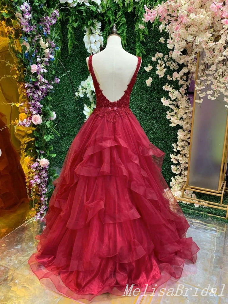 Lace Appliques Open Back V-Neck A-Line Evening Ball Gown Maxi Long Formal Dresses Prom Dresses,MB545